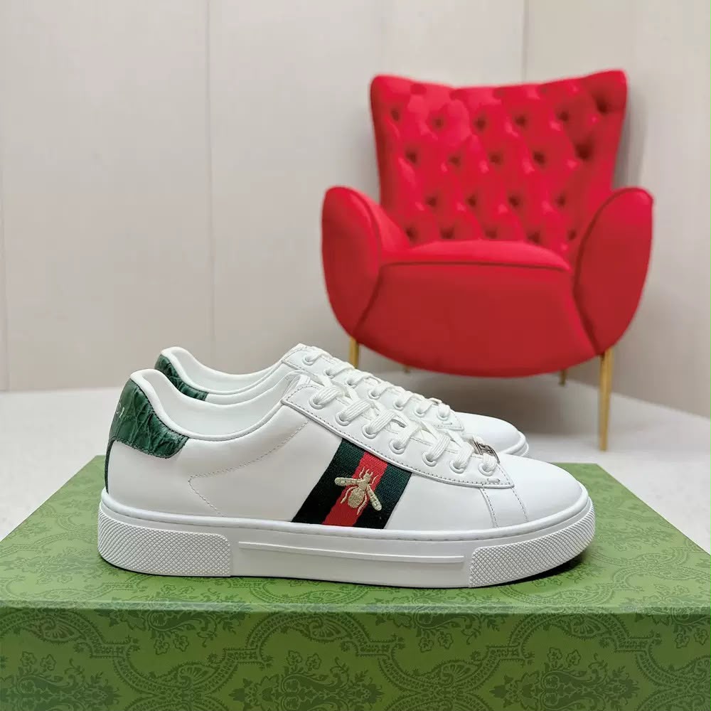 Gucci Ace-White Leather/Web Stripe with Bee