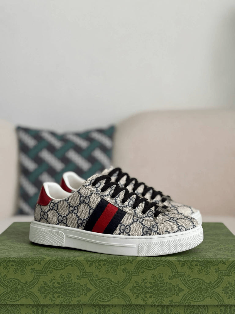 Gucci Ace Sneaker – Beige and Blue GG Supreme Canvas