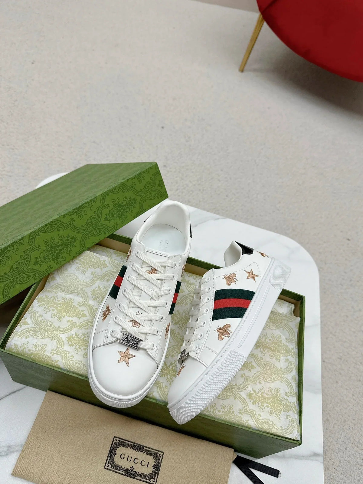 Gucci Ace Bee & Star Embroidered Logo White Leather