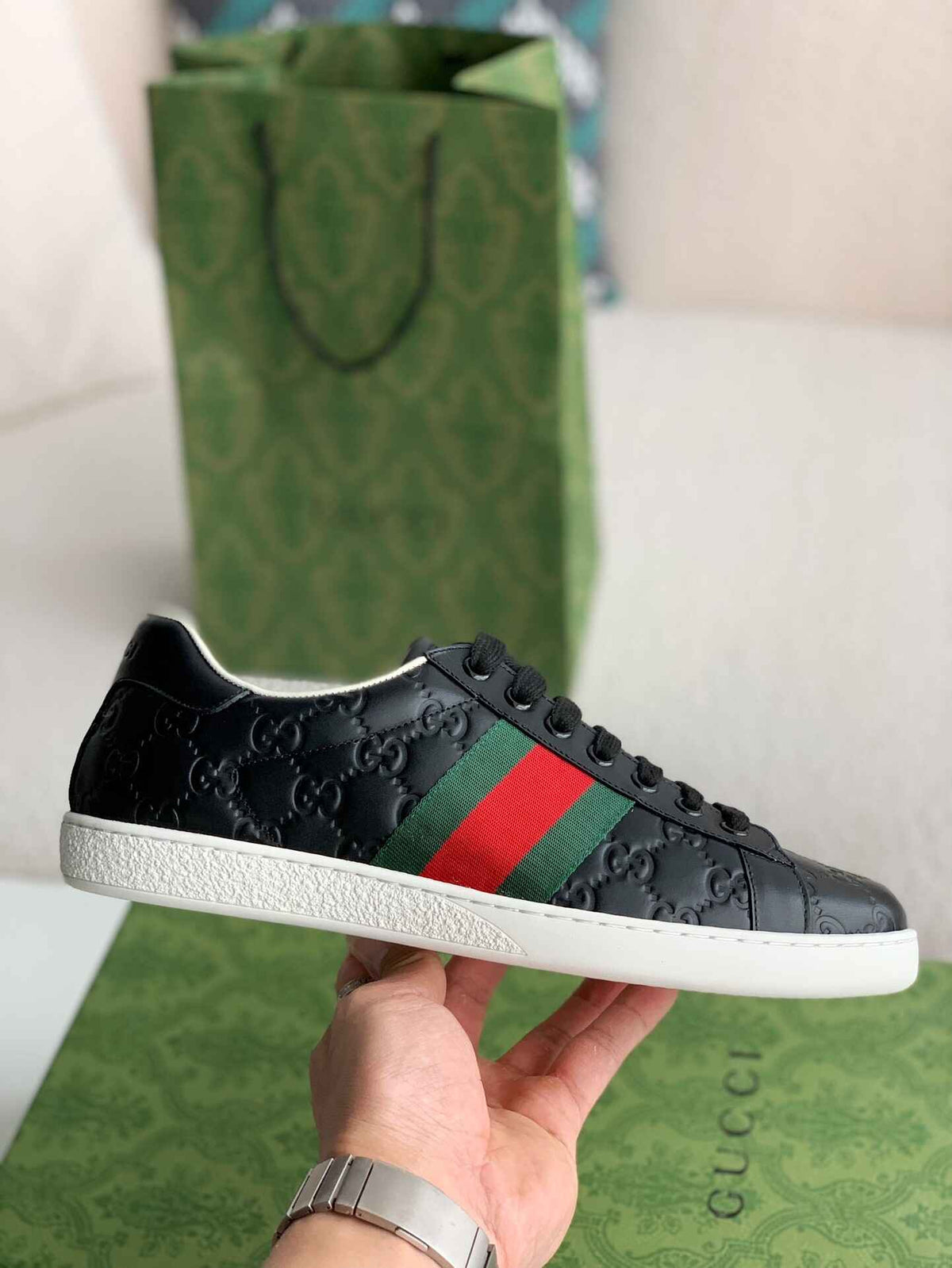 Gucci Ace Sneaker – Black GG Logo Leather