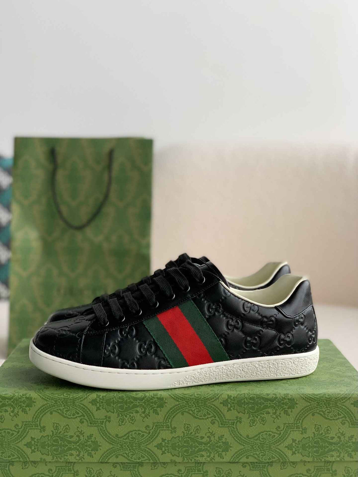 Gucci Ace Sneaker – Black GG Logo Leather
