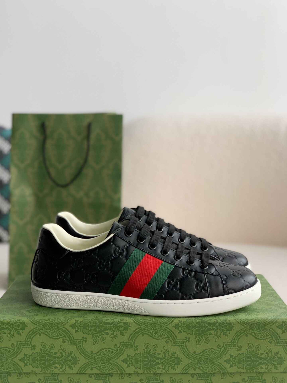 Gucci Ace Sneaker – Black GG Logo Leather