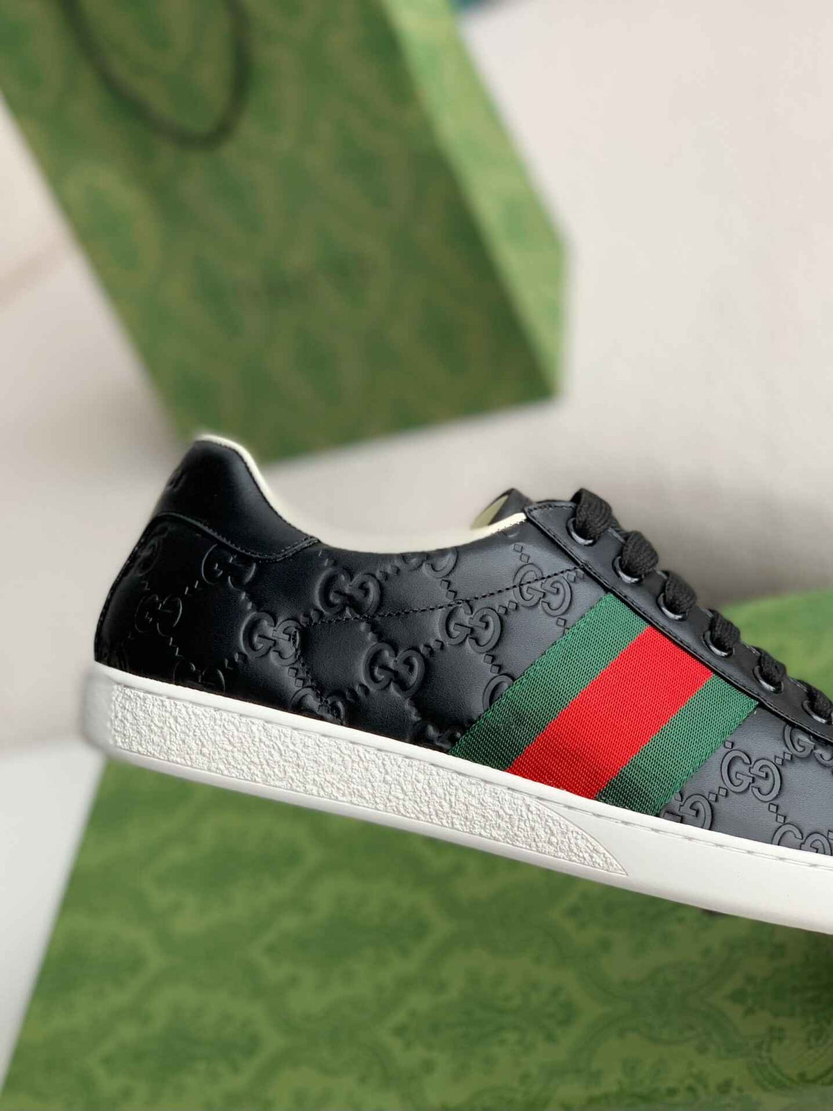 Gucci Ace Sneaker – Black GG Logo Leather