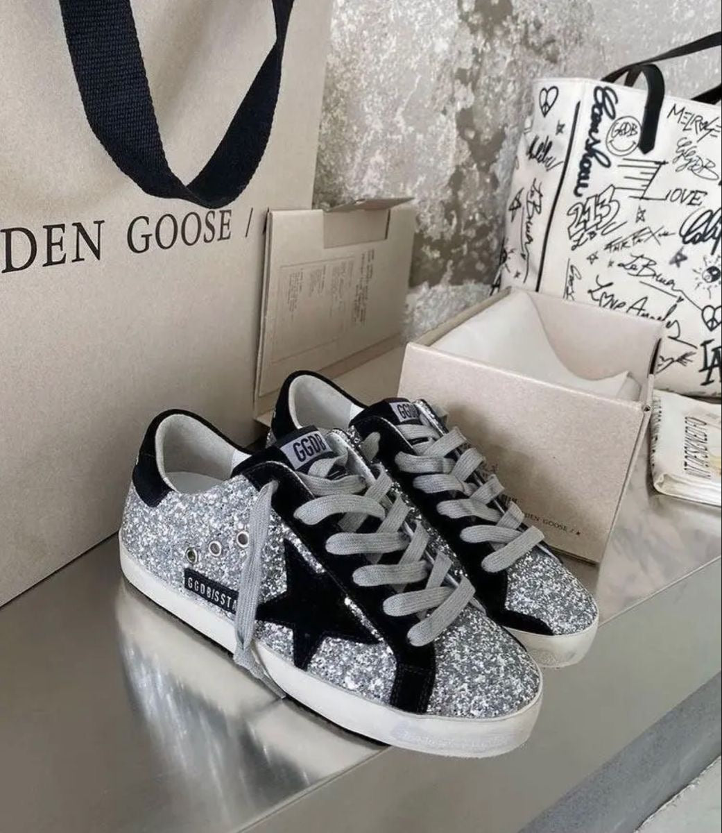 Golden Goose Super-Star Silver and Black Glitter