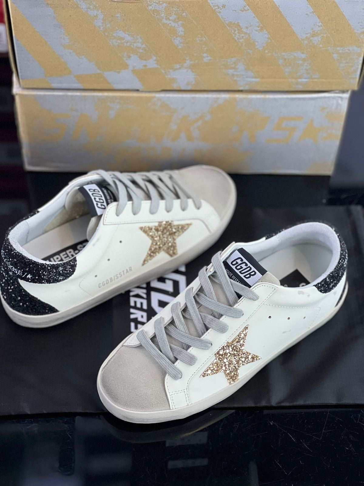Golden Goose Super-Star with Gold Glitter Star and Ice Grey Suede Inserts